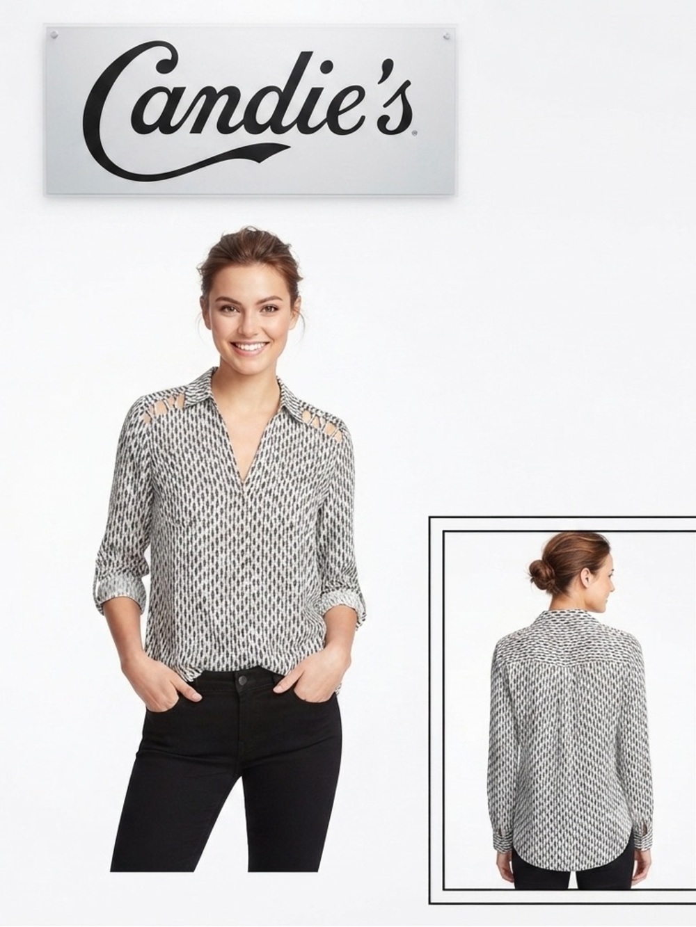 Candie’s Button Up Roll Tab Sleeves Exposed Shoulder Double Pocket High Low S